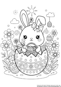 Kolorowanki wielkanocne. Króliczek z wielkanocnym jajkiem wśród kwiatów, słoneczka i chmurek.