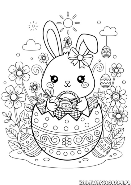Kolorowanki wielkanocne. Króliczek z wielkanocnym jajkiem wśród kwiatów, słoneczka i chmurek.