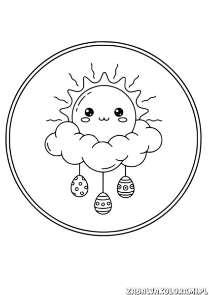 Kolorowanki wielkanocne dla dzieci z uśmiechniętą słoneczkiem i trzema jajkami wielkanocnymi w różnych wzorach