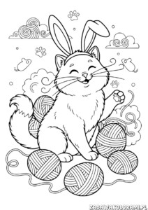 kolorowanki wielkanocne do druku z kotem z króliczymi uszami, który knuje z kulką wełny w otoczeniu chmurek i pawich śladów