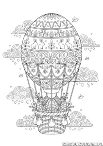 Kolorowanki wielkanocne do druku pdf – balon z koszykiem i wielkanocnymi wzorami, w tym zajączkami i jajami