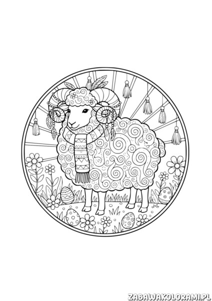 Kolorowanki wielkanocne do druku za darmo. Owca w stylizowanych ubraniach z kwiatami i jajkami wielkanocnymi na tle.