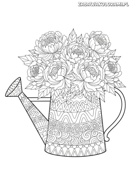 Kolorowanki wiosenne. Rysunek z kwiatami w konewce ozdobionym wzorami