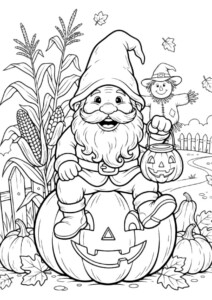 krasnal halloween kolorowanka z krasnalem na dużej dyni w otoczeniu jesiennych elementów