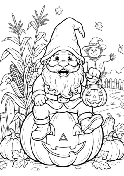 krasnal halloween kolorowanka z krasnalem na dużej dyni w otoczeniu jesiennych elementów