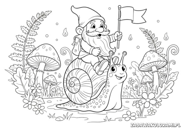 Krasnal kolorowanka z przyjacielskim ślimakiem w lesie z kwiatami i grzybami