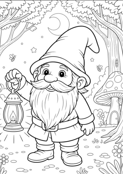 Krasnal kolorowanka do druku – uroczy krasnal z latarnią i lasem pełnym baśniowych elementów.