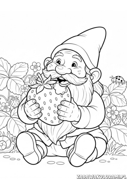 Krasnoludek kolorowank z truskawką w ogrodzie pełnym truskawek i kwiatów