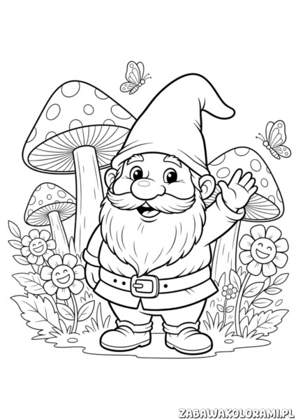 krasnoludek kolorowanka z uśmiechniętymi grzybami – krasnal w czapce z fiołkiem wśród kwiatów z twarzami