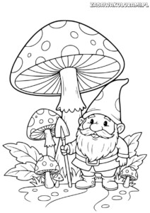 Krasnoludek kolorowanka wiosna - krasnoludek z grzybkiem-parasolem stojący w lesie