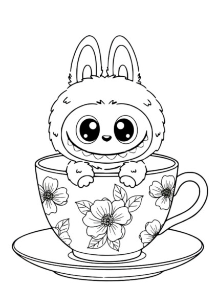 labubu Kolorowanka z urocza postacią siedzącą w filiżance z kwiatami