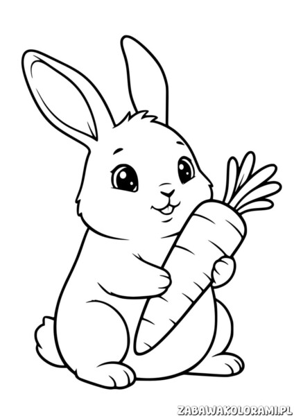 Latwe kolorowanka wiosna z królikiem trzymającym marchewkę i uśmiechającym się przyjacielsko.