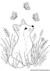 Lis i motyle kolorowanka wiosna z lisem siedzącym wśród kwiatów i trzcin, z trzema motylami