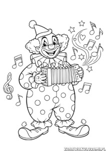Prosta kolorowanka klaun dla przedszkolaków z klaunem grającym na akordeonie i nutkami muzycznymi.