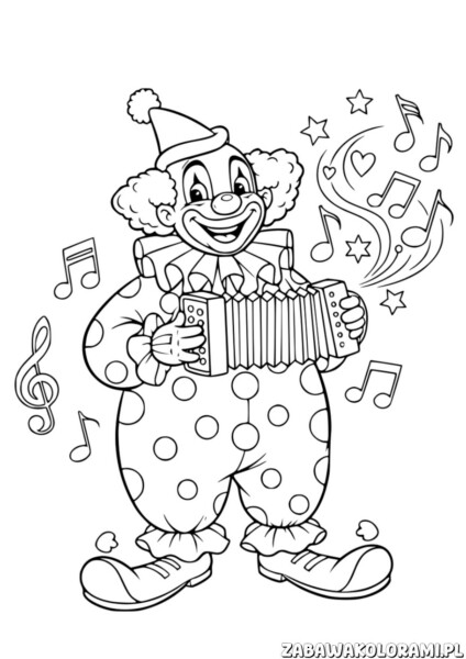 Prosta kolorowanka klaun dla przedszkolaków z klaunem grającym na akordeonie i nutkami muzycznymi.