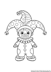 Prosty klaun dla przedszkolaków - kolorowanka z postacią w tradycyjnym stroju błazna z dzwoneczkami i rękami rozpostartymi.