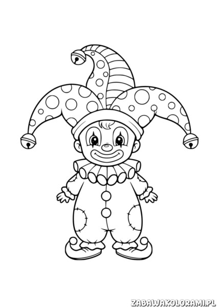 Prosty klaun dla przedszkolaków - kolorowanka z postacią w tradycyjnym stroju błazna z dzwoneczkami i rękami rozpostartymi.