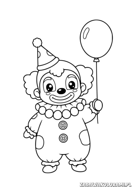 Prosty klaun dla przedszkolaków PDF. Klaun z balonem uśmiecha się, gotowy do kolorowania przez dzieci.