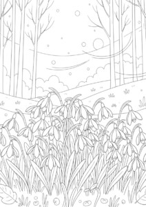 Przebiśniegi kolorowanka z kwiatami, drzewami i niebem z chmurami