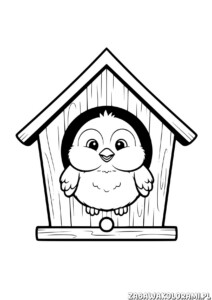 Ptaki wiosna kolorowanka z uroczym ptaszkiem w domku