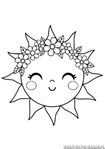 Słonce kolorowanka z uśmiechniętym wyrazem twarzy i kwiatami na głowie, czeka na kolorowanie.