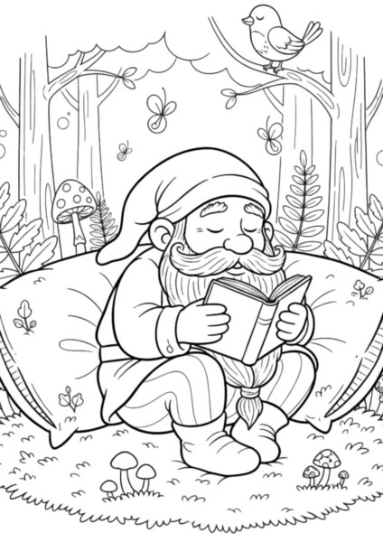 Spiący krasnal kolorowanka. Krasnal z książką siedzący na grzybie w lesie, otoczony przez ptaki i motyle.