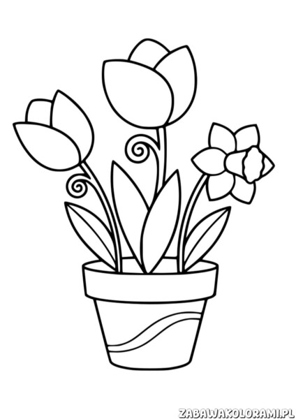 tulipany kolorowanka z trzema kwiatami i liśćmi w prostokątnej doniczce