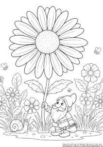 Wesoły krasnal kolorowanka z kwiatami, pszczołami i ślimakami w ogrodzie