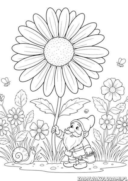 Wesoły krasnal kolorowanka z kwiatami, pszczołami i ślimakami w ogrodzie