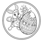 wielkanocne jajka kolorowanki: królik malarz dekoruje pisankę z motywami kwiatów i falbanek