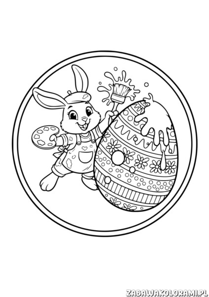 wielkanocne jajka kolorowanki: królik malarz dekoruje pisankę z motywami kwiatów i falbanek