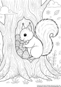 Wielkanocne kolorowanki do druku przedstawiają wiewiórkę z jajkami w naturalnym otoczeniu