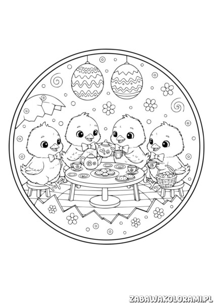 Wielkanocne kurczaki kolorowanki z czterema kurczakami w marynarkach, siedzącymi przy stole z herbatą i wielkanocnymi jajkami