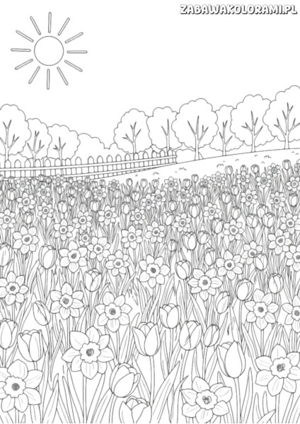 Wiosna kolorowanka do druku z kwiatami i drzewami