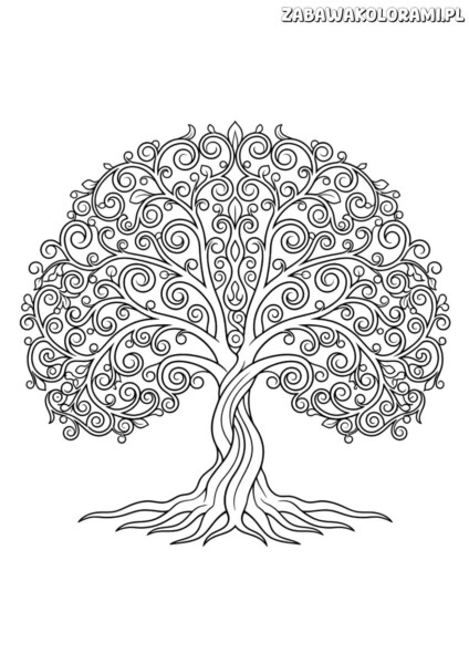 wiosna malowanki - kolorowanka z wiosennym drzewem o zdobionych liściach