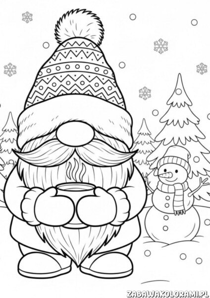 Zimowy krasnoludek kolorowanka z bajkowym bałwanem i choinkami w tle
