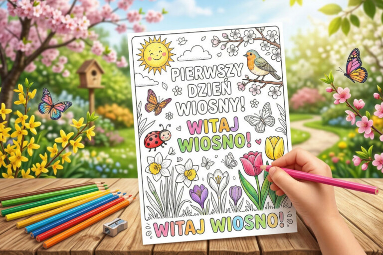 21 marca Pierwszy Dzień wiosny kolorowanka z uśmiechniętym słońcem, ptaszkiem i kwiatami