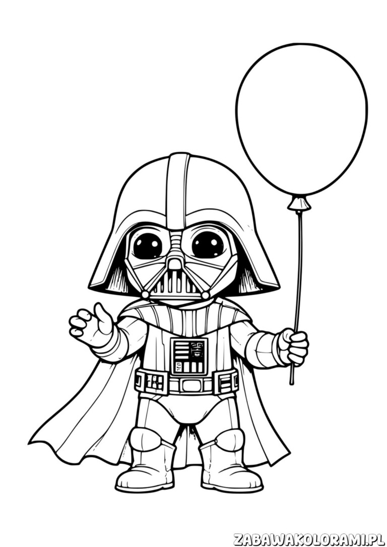 Anakin Skywalker Kolorowanka z Darth Vaderem w stylu chibi, trzymającym balonik i pokazującym kciuk w górę