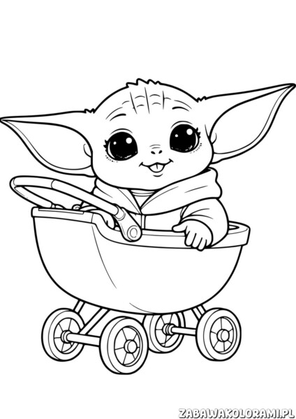 Baby Yoda Kolorowanka z wózkiem. Grogu z Gwiezdnych Wojen w dziecięcym wózku.