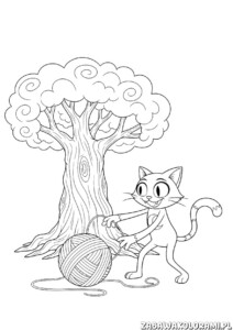 CatNap Kolorowanka Poppy Playtime – kot grający z kłębkiem wełny obok drzewa z puszystą koroną