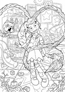 Kolorowanka Poppy Playtime przedstawia sympatyczną postać w fabryce zabawek z misiami i robotami