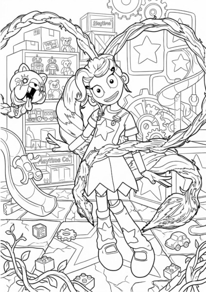 Kolorowanka Poppy Playtime przedstawia sympatyczną postać w fabryce zabawek z misiami i robotami