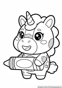 CraftyCorn Kolorowanki Poppy Playtime z uśmiechniętym jednoroźcem z kredką w dłoni