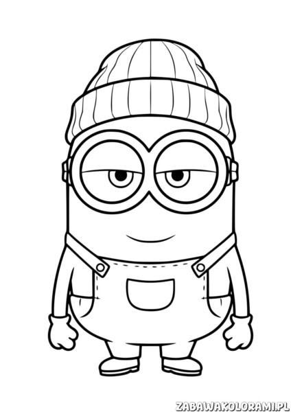 Darmowa Kolorowanka Minionek z uśmiechem. Sympatyczny postać w czapce i koszulce z kieszenią.