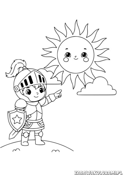 Darmowa Kolorowanka Rycerz z rycerzem w zbroi i uśmiechniętym słońcem z twarzą