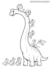 Dinozaury Kolorowanka z dinozaurami, w tym dużym z długą szyją i małymi dinozaurami, które sięgają jego szyi