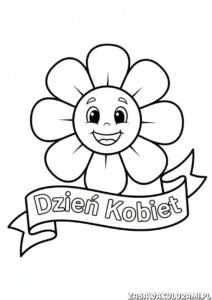 Dzień Kobiet kolorowanka z uśmiechniętym kwiatkiem trzymającym baner z napisem Dzień Kobiet