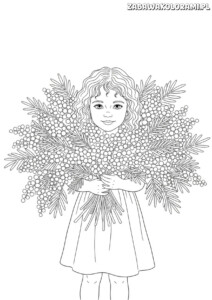 Dzień Kobiet kolorowanki. Dziewczynka z uśmiechem i dekoracyjnym wieńcem kwiatów