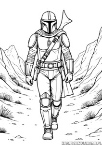 Gwiedne wojny kolorowanka z Mandalorianinem w zbroi, uzbrojony w blaster, na tle skalistego terenu.