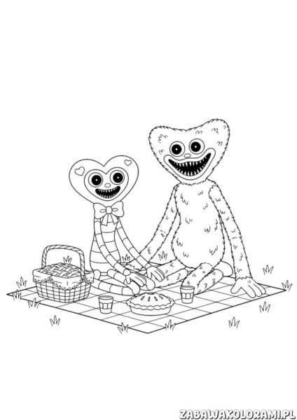 Sercowa Kolorowanka Piknik Zabawy z uroczą postacią w kształcie serca i kudłatym przyjacielem podczas pikniku na łące.